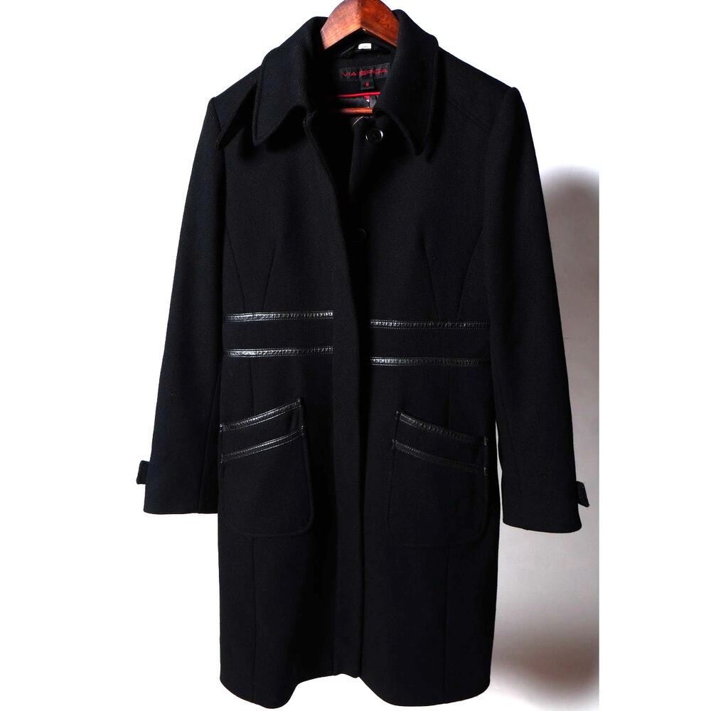Via Spiga Black Wool Leather Trim Pea Coat Size 8